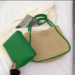 Woven beige green tote shoulder handbag New